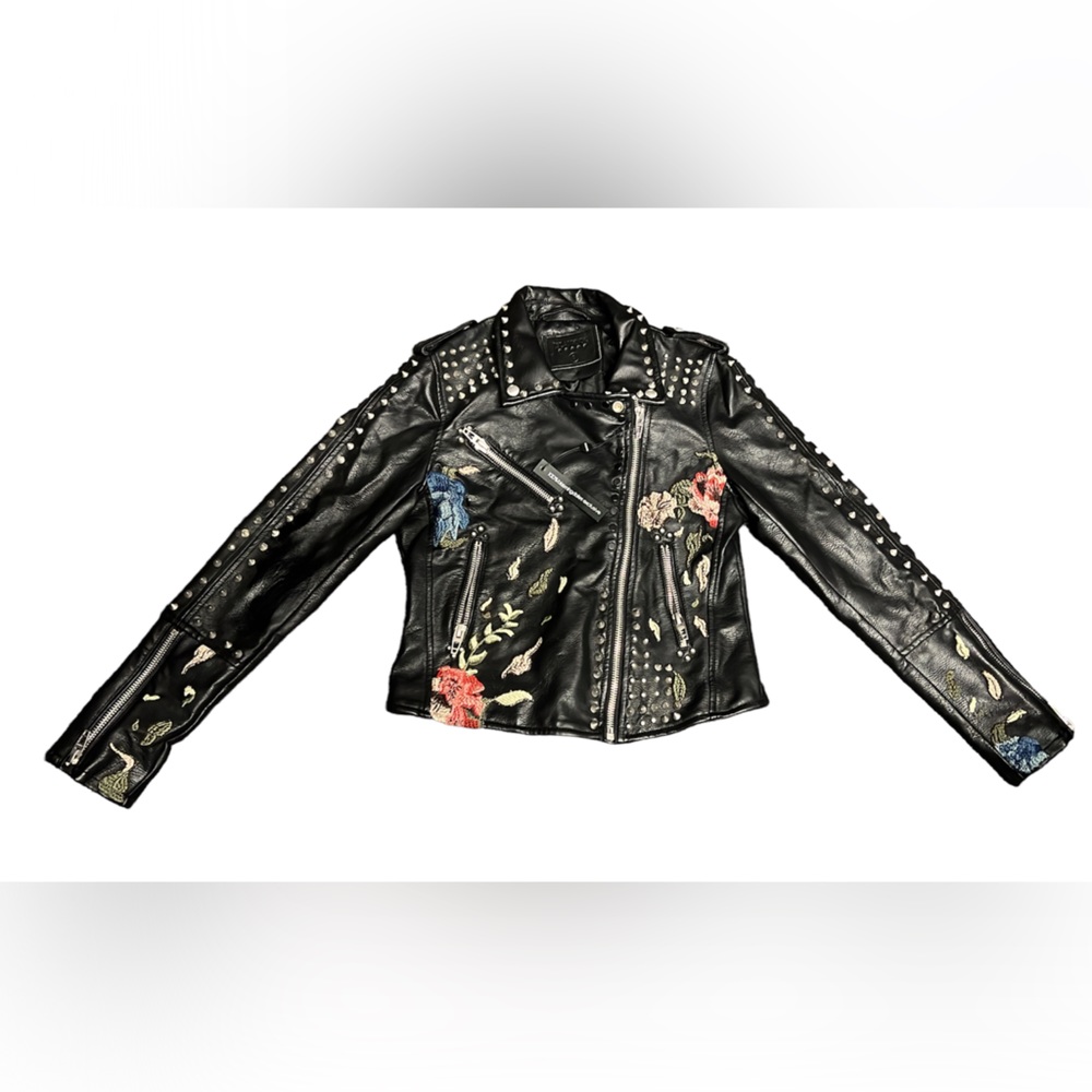 BLANK NYC Floral Embroidered Studded Faux Leather Moto Jacket Sz Small NWT